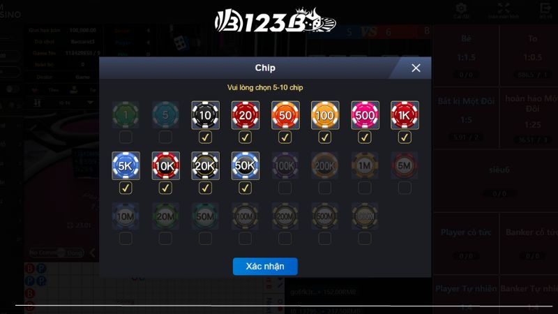 Đặt cược chip vào ô cược khi chơi  Baccarat Online 123b